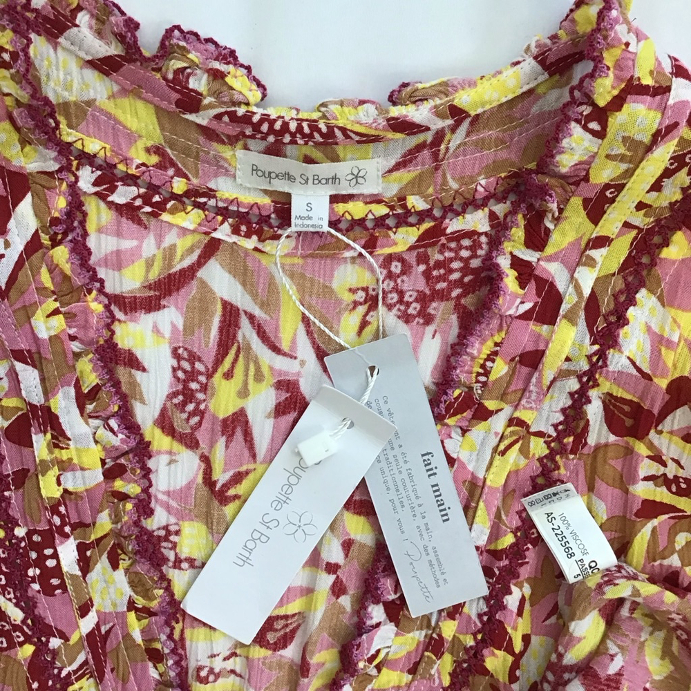 Poupette St Barth Women Elegant Mini Dress S Pink Yellow Floral - Picture 14 of 14